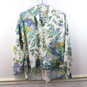 Bugatti Paris Button Front Floral Shirt Size XL Purple Green Cotton High-Low Hem